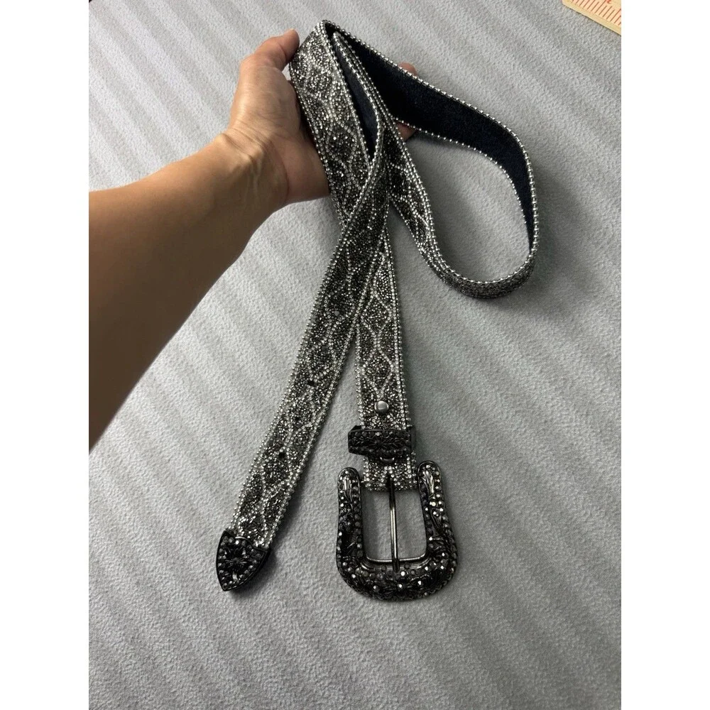Women’s Rhinestone Western Belt Genuine Leather L/XL Silver Black 6516